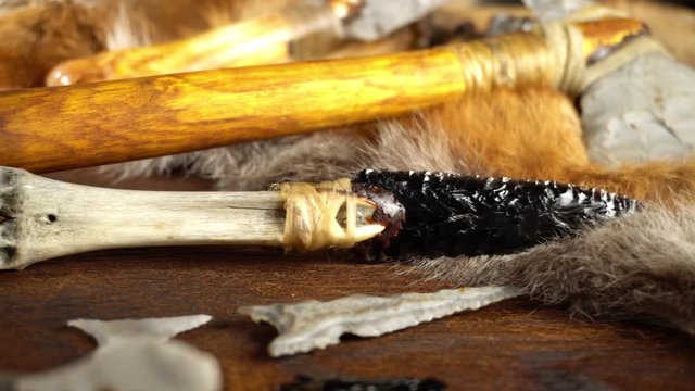 Stone Age Tools on wooden Background - Panoramic View
