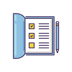 Open notebook RGB color icon. List with ticked checkboxes. Completed test form. Mark boxes for poll. School papers. Office report. Fill report with pen. Isolated vector illustration