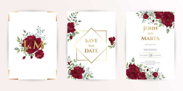 wedding invitation card with red roses, watercolor, leaves and golden geometric frame. Floral Trendy templates for banner, flyer, poster, greeting. Vector illustration. eps10