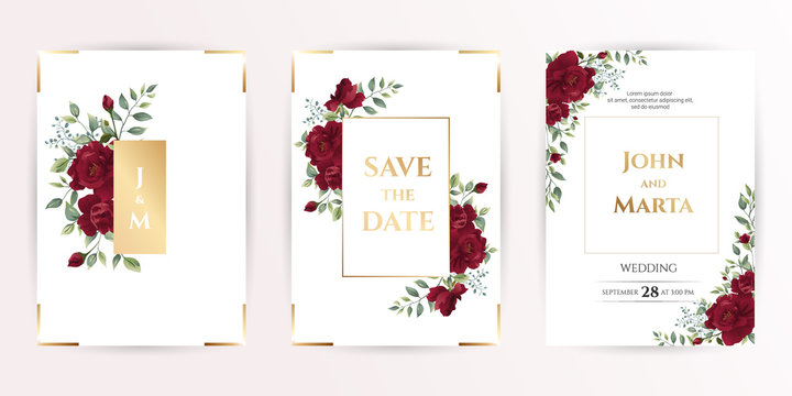 wedding invitation card with red roses, watercolor, leaves and golden geometric frame. Floral Trendy templates for banner, flyer, poster, greeting. Vector illustration. eps10