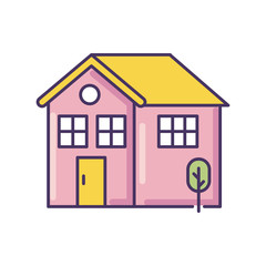 Home pink RGB color icon. Residential house mortgage. Real estate coverage. Cottage renting. Construction for sale. Urban residence with door and window. Isolated vector illustration