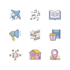 Recreation RGB color icons set. Travel with flight. Music notes. Open book. Loudspeaker broadcast. Event decoration. Movie night. Recommendation sign. Isolated vector illustrations