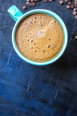  coffee drink and coffee grain, hot chocolate. top view. copy space for text