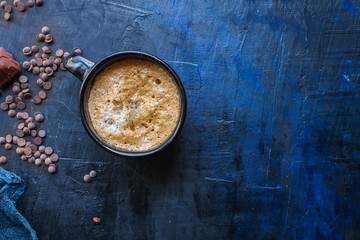  coffee drink and coffee grain, hot chocolate. top view. copy space for text