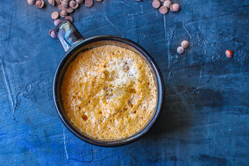  coffee drink and coffee grain, hot chocolate. top view. copy space for text