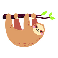 Cute cartoon sloth sleeping on a branch