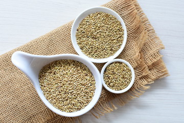 birdseed seeds, food for birds, displayed in containers on cloth bottom