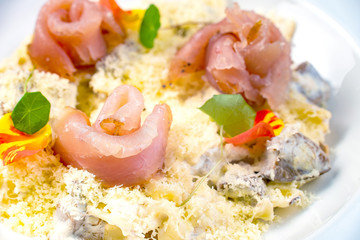 big tasty food lies on white plate on isolate