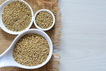 birdseed seeds, food for birds, displayed in containers on cloth bottom