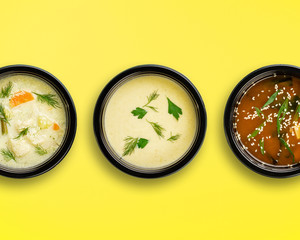Mockup. Healthy tasty food in plastic containers on colored backgrounds