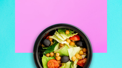 Mockup. Healthy tasty food in plastic containers on colored backgrounds