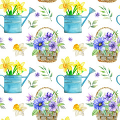 Watercolor Seamless Pattern. Spring Flowers, Basket and Watering Can on White Background. Hand Drawn Gardening Illustration For Gift Wrapping, Textile, Print for any Printing Products © Svetlana