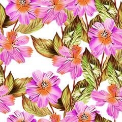 Springflowers with leaves, seamless pattern.