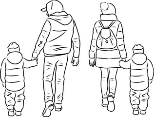 Contour drawings of parents with their kids going on a stroll