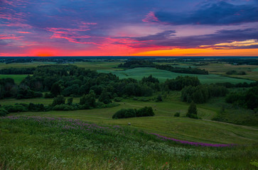 Beautiful summer sunset view from Satrija castle mound in Lithuania