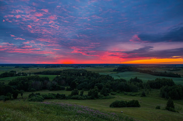 Beautiful summer sunset view from Satrija castle mound in Lithuania