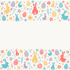 Fototapeta na wymiar Easter background with pastel coloured bunnies, eggs and flowers. Template of postcard. Vector