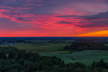 Beautiful summer sunset view from Satrija castle mound in Lithuania