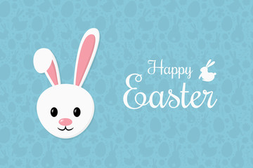 Happy Easter. Greeting card with smiley bunny on blue background with texture. Banner. Vector
