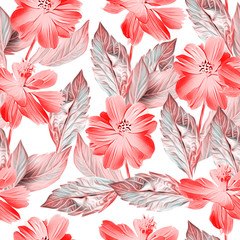 Springflowers with leaves, seamless pattern.