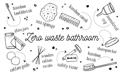 Zero waste bathroom objects set. hand drawn outline vector sketch illustration