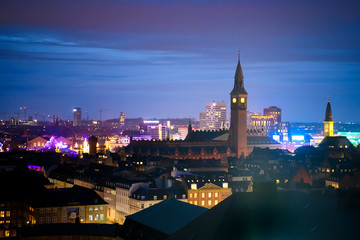Panoramic evening view of Copenhagen from the tower of Christiansborg Palace. Copenhagen, Denmark. February 2020