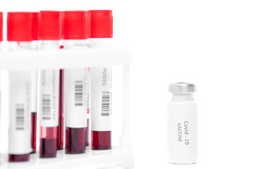 Close-up of coronavirus vaccine bottle and test tube rack with blood samples of infected people, white background