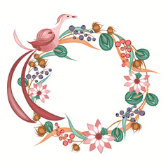 Fototapeta na wymiar Vector floral wreath. Elegant hand drawn border with summer flowers, berries, leaves and bird of paradise. Illustration in watercolor style isolated on white background. Beautiful design template