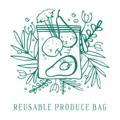 Reusable produce bag for zero waste shopping. With fruits, vegetables and plants. Hand drawn outline vector sketch illustration
