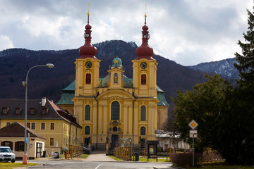 Naklejka premium Baroque Basilica of the Visitation Virgin Mary in Winter, place of pilgrimage, Hejnice, Czech Republic