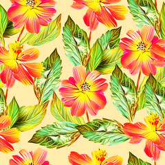 Springflowers with leaves, seamless pattern.