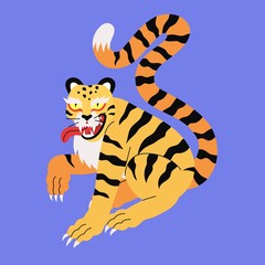 Fototapeta na wymiar Tiger vector illustration in medieval ancient asian style. Stylized tiger demon print for t-shirt design and other decorations isolated on a blue background. Tropic exotic wild cat with stripes.