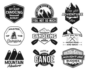 Vintage canoe kayaking logos patches set. Hand drawn camping labels designs. Mountain expedition, canoeing. Outdoor emblems for t shirts. Silhouette illustrations collection. Stock isolated