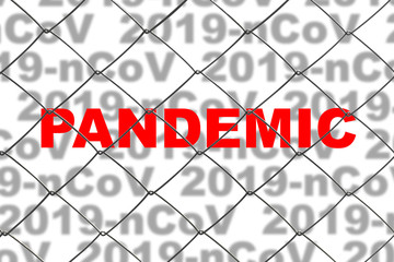 The inscription in red letters "PANDEMIC" on background of inscriptions "2019-nCoV" behind the fence