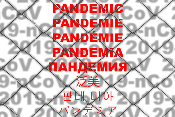 The inscription in red letters "PANDEMIC" in English, German, French, Italian, Russian, Chinese, Korean and Japan on background of inscriptions "2019-nCoV" behind the fence