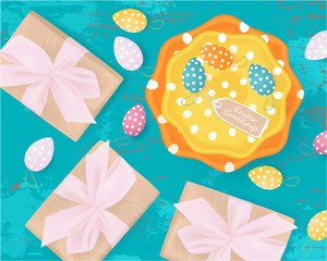 Easter Greetings banner with gift box, Easter Eggs, plates on abstract background, spring