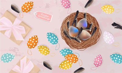 Easter Greetings banner with gift box, Easter Eggs, nest, feathers on abstract background, spring