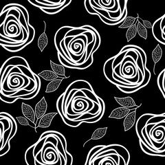 Vector seamless pattern with contour lines abstract flowers, black and white background