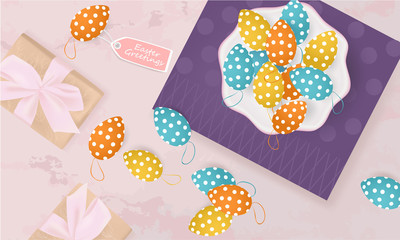 Easter Greetings banner with gift box, Easter Eggs, plate, napkin on abstract background, spring