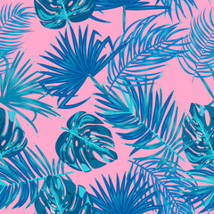 Fototapeta na wymiar Tropical vector seamless pattern of monstera, jungle leaves of palm tree