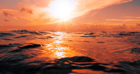 Orange sunset over the ocean in the Pacific. Beautiful sunset with clouds just over the water....