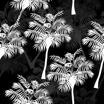 Vector tropical jungle black and white palm tree seamless pattern