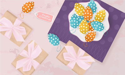 Easter Greetings banner with gift box, Easter Eggs, plate, napkin on abstract background, spring