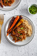 Honey Sesame Glazed Tempeh With Rice and Carrots