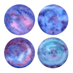 Handdrawn watercolor set of planets isolated on white background. Aquarelle circles. Watercolor texture paper. Blue purple color. Paint design template.