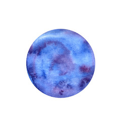 Handdrawn watercolor planet isolated on white background. Aquarelle circle. Watercolor texture paper. Round watercolor shape.
