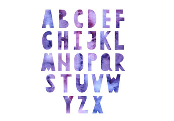 Scandinavian cut bold letters alphabet A to Z. Watercolor handdrawn illustration. Watercolor latin font. Watercolor paper texture