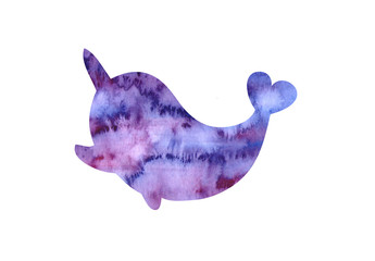 Unicorn whale narval with horn isolated on white. Sillouette sticker, patch badge. Cute magic cartoon fantasy cute animal. Watercolor illustration. Design for children © AlyceStrogaya