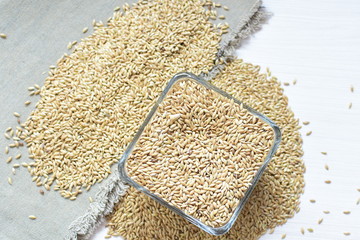 birdseed seeds, food for birds, displayed in containers on cloth bottom