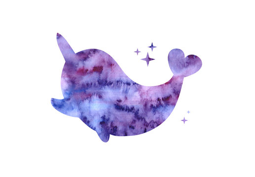 recommend clip art: Unicorn whale narval with horn isolated on white. Sillouette sticker, patch badge. Cute magic cartoon fantasy cute animal. Watercolor illustration. Design for children